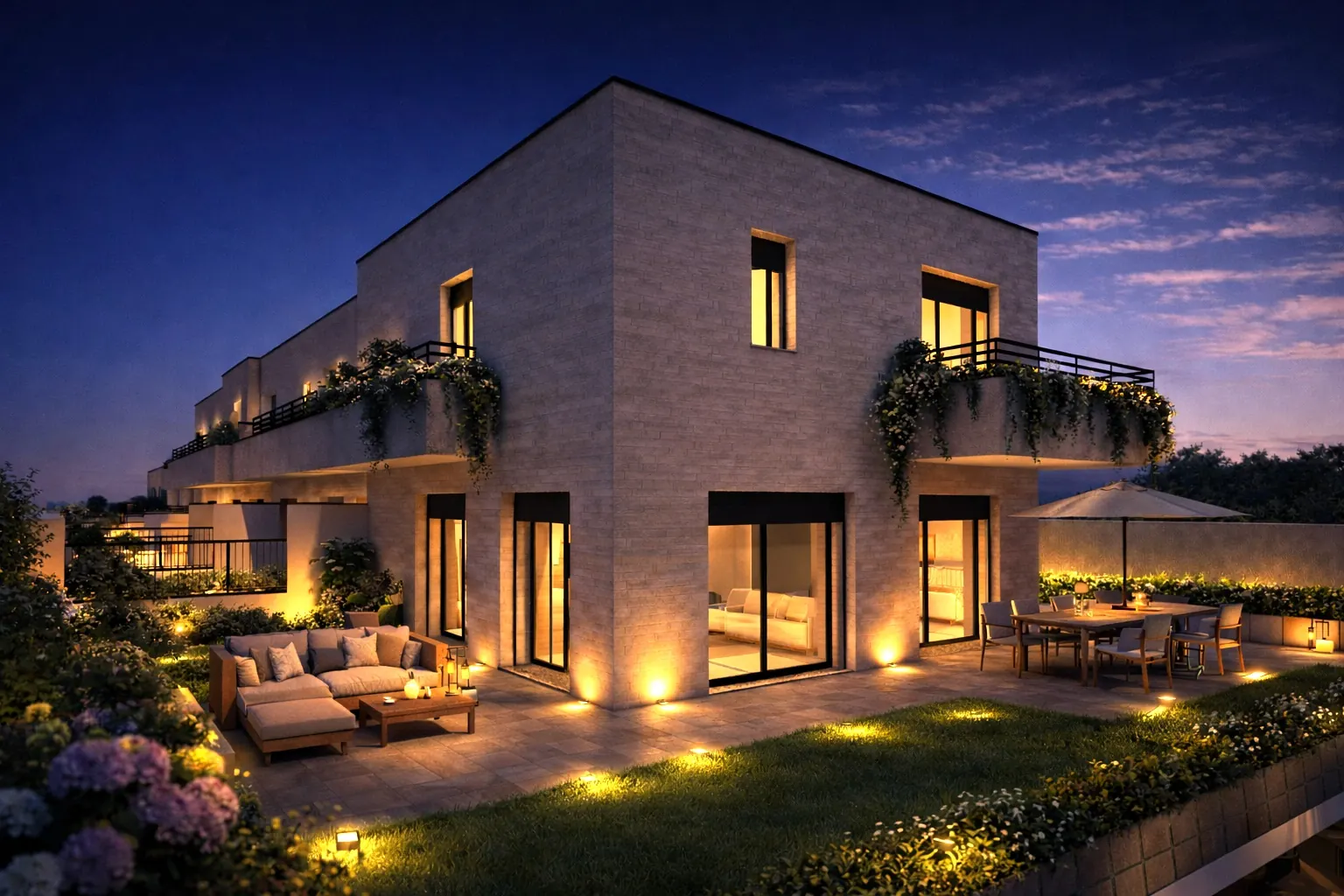 Villa di nuova costruzione in vendita a Sovico — giardino privato e terrazza al tramonto, VICUS Urban Villas